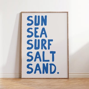 Sun Sea Sand Poster Soft Blue Print, Trendy Coastal Wall Art, Beach House Decor, Ocean Wall Art, Surfing Print, Digital Download