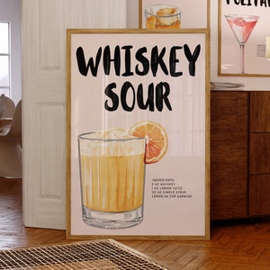 Impresión de receta de cóctel, póster de cóctel de whisky sour, póster de bar de bebidas, regalo de cóctel, decoración de carrito de bar, impresión de bebida alcohólica, descarga digital