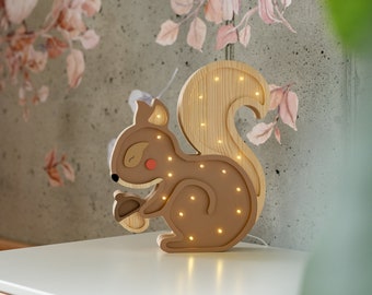 Personalized Squirrel Night Light: Handmade Wooden LED Nursery Lamp