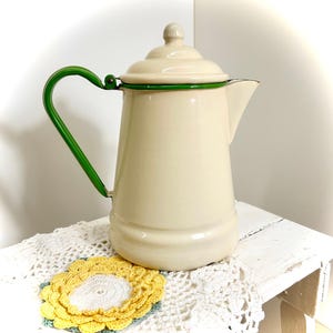 MCM Enamelware Coffee or Tea Pot – Cream with Green Trim – Farmhouse/Cottage