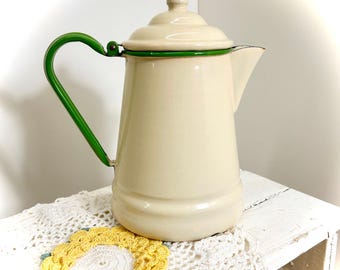 MCM Enamelware Coffee or Tea Pot – Cream with Green Trim – Farmhouse/Cottage