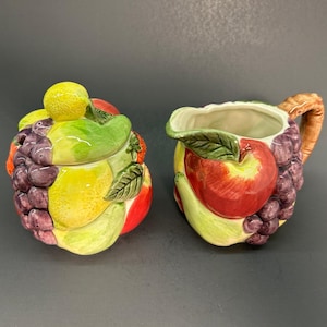 Pottery Barn Creamer and Sugar, Raised Fruit Pattern, VTG Japan Farmhouse Decor
