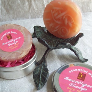 Essential Fruit Soap Artisan handcrafted glycerin soap with shreds in metal tin