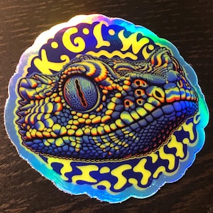 Pode incluir: Um adesivo holográfico com uma ilustração colorida de uma cabeça de lagarto com um olho azul e o texto "K.G.I.W. Fish" em uma fonte psicodélica.