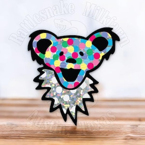 Adesivo de glitter com cabeça de urso dançante e confete da Grateful Dead, urso marchando e companhia e ~ENVIO RÁPIDO~