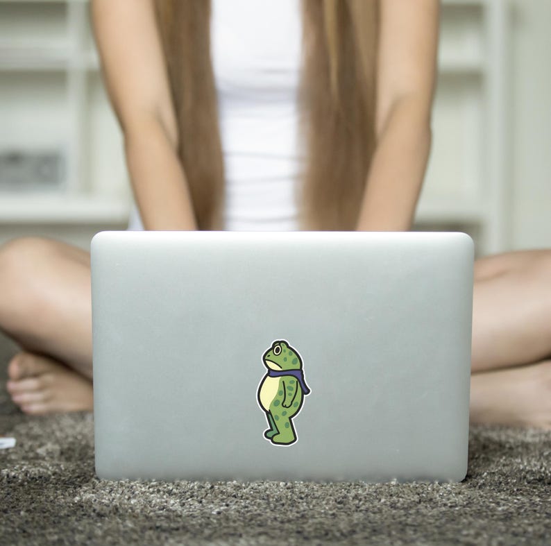 May include: A laptop with a sticker of a cartoon frog wearing a blue scarf. The frog is green with a yellow belly and black outlines. The laptop is silver and sits on a gray carpet.