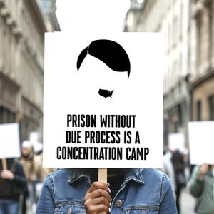 May include: A white protest sign with black text and a black silhouette of a hairstyle and the United States. The sign reads: "PRISON WITHOUT DUE PROCESS IS A CONCENTRATION CAMP."