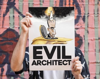 Könnte beinhalten: Ein weißes Poster mit den Worten "EVIL ARCHITECT" in fetten schwarzen Buchstaben. Das Poster zeigt eine Cartoon-Illustration eines Mannes mit einem Loch im Kopf, einer brennenden Kerze und einer KKK-Haube. Der Hintergrund ist eine Graffiti-Wand.