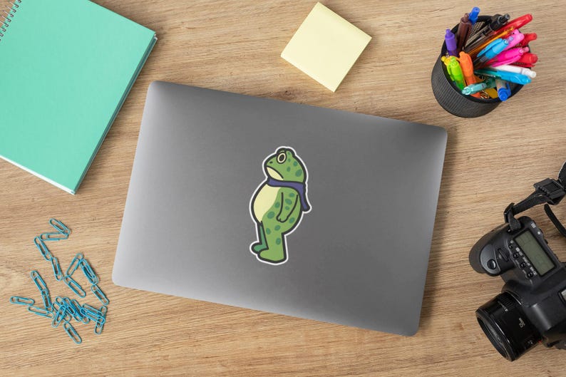 May include: A green frog sticker with a blue scarf is on a gray laptop. The frog has a sad expression. Other items on the wooden surface include a notepad, sticky note, pens, and a camera.