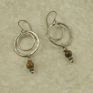 Tigers Eye Double Hammered Hoop Sterling Silver Dangle Earrings, Double Hoop Earrings, Sterling Silver Hoops image 1