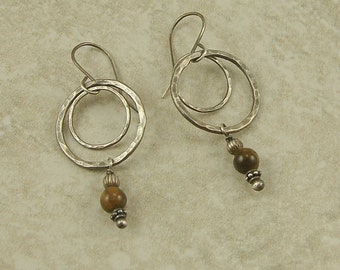 Tigers Eye Double Hammered Hoop Sterling Silver Dangle Earrings, Double Hoop Earrings, Sterling Silver Hoops