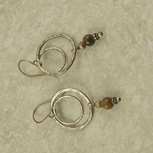 Tigers Eye Double Hammered Hoop Sterling Silver Dangle Earrings, Double Hoop Earrings, Sterling Silver Hoops image 2