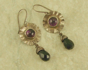 Amethyst And Black Onyx Sterling Silver Wavy Flower Earrings, Amethyst Earrings, Black Onyx Earrings