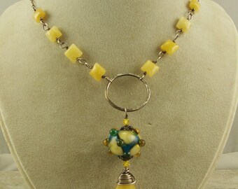 Yellow Jade and Sterling Silver Necklace with Artisan Lampwork Pendant, Lampwork Necklace, Lampwork Pendant