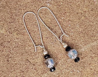 Milky Cathedral Czech Glass and Black Czech Sterling Silver Dangle Earrings,  Czech Glass Earrings, Sterling Silver Earrings