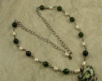 Canadian Jade and Green Jade, Freshwater Pearl Sterling Silver Filled Necklace, Jade Necklace, Silver Jade Necklace