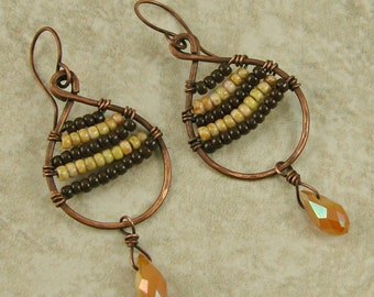 Wire Wrapped Brown Teardrop Earrings, Wire Wrapped Earrings, Dangle Earrings