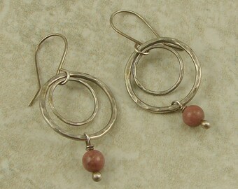 Rhodonite Hammered Double Hoop Sterling Silver Dangle Earrings, Double Hoop Earrings, Sterling Silver Hoops