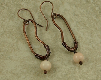 Salmon Coral Copper Wire Wrapped Freeform Dangle Drop Earrings, Coral Earrings, Copper Earrings
