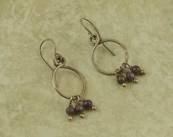 Lepidolite Hammered Sterling Silver Round Hoop Dangle Earrings, Sterling Silver Earrings