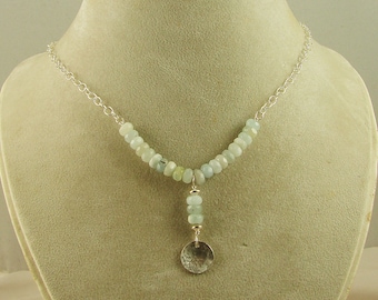 Aquamarine And Sterling Silver Necklace With Hammered Disc Drop, Aquamarine Sterling Silver Necklace