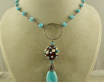 Turquoise Candy Jade and Sterling Silver Necklace with Artisan Lampwork Pendant, Lampwork Necklace, Lampwork Pendant