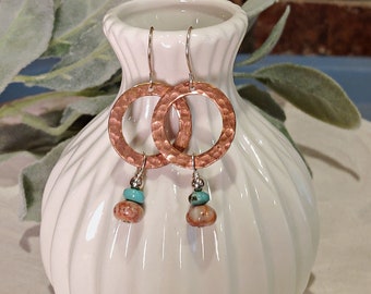 Turquoise and Red Line Jasper Copper Circle Sterling Silver Dangle Earrings, Turquoise Earrings, Jasper Earrings