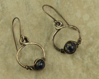 Lapis Sterling Silver Wire Wrapped Oval Hoop Dangle Drop Earrings, Sterling Silver Oval Hoops, Lapis Hoop Earrings