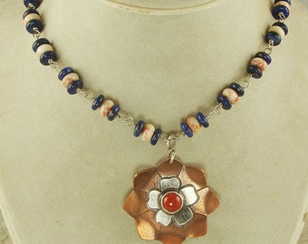 Lapis and Red Line Jasper Necklace With Red Jasper Copper Flower Pendant
