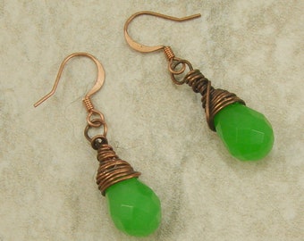 Green Opaque Glass Copper Briolette Earrings, Copper Dangle Earrings, Briolette Earrings