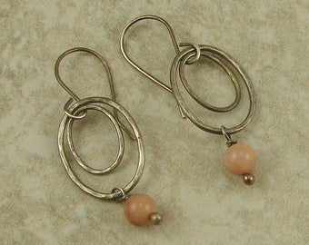 Peach Agate Double Oval Hoop Sterling Silver Dangle Earrings, Agate Earrings, Double Hoop Earrings, Sterling Silver Hoops