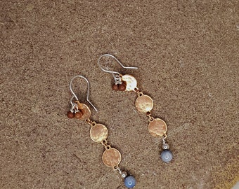 Blue Aventurine Red Jasper Copper Disc and Sterling Silver Dangle Earrings, Blue Aventurine Earrings, Red Jasper Earrings