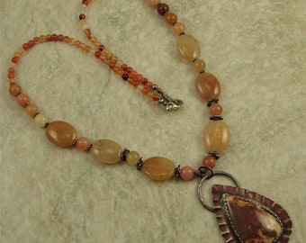 Carnelian And Brown Opal Necklace With Agate Copper Pendant