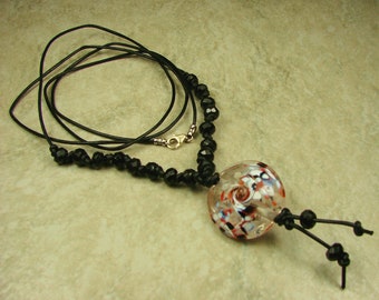 Black Onyx Hand Knotted Leather Necklace With Lampwork Pendant, Knotted Leather Necklace, Lampwork Pendant