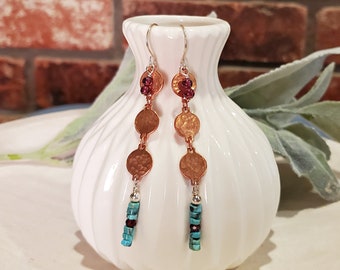 Turquoise and Garnet Copper Disc and Sterling Silver Dangle Earrings, Hammered Disc Earrings, Turquoise Earrings, Garnet Earrings