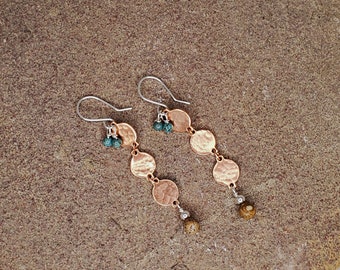 Picture Jasper and Turquoise Copper Disc and Sterling Silver Dangle Earrings