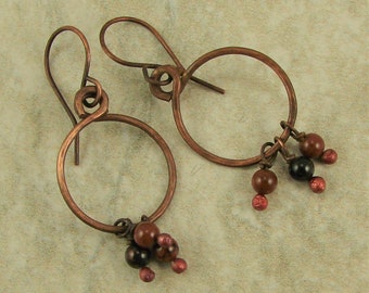 Mahogany Obsidian Round Hammered Hoop Earrings, Copper Hoop Earrings, Obsidian Earrings