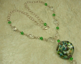 Crystal Quartz and Green Crystal Sterling Silver Filled Necklace With Lampwork Pendant