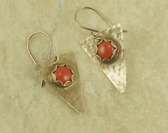 Red Jasper Sterling Silver Triangle Earrings, Red Jasper Earrings, Sterling Hammered Earrings