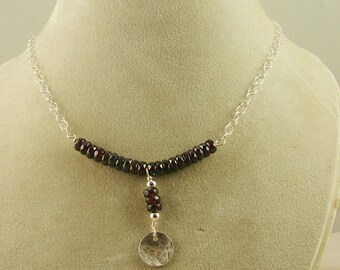 Garnet And Sterling Silver Necklace With  Hammered Disc Drop, Sterling Silver Garnet Necklace