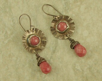 Rhodonite Sterling Silver Wavy Flower Earrings, Sterling Silver Flower Earrings