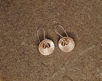 Smoky Quartz Copper Hammered Round Disc Sterling Silver Dangle Earrings, Sterling Silver Earrings, Hammered Disc Earrings
