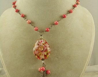 Red Candy Jade and Sterling Silver Necklace with Artisan Lampwork Pendant, Lampwork Necklace, Lampwork Pendant