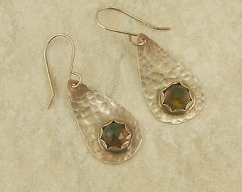 Smoky Quartz Sterling Silver Hammered Teardrop Earring, Smoky Quartz Earrings, Sterling Hammered Earrings