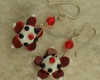 Red and White Lampwork Flower and Sterling Silver Dangle Earrings, Lampwork Flower, Lampwork Earrings, Dangle Earrings