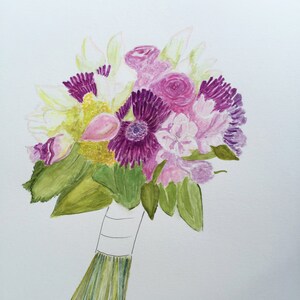 Custom Wedding Bouquet and Date Drawing- Bride Bouquet Painting- Paper Anniversary Gift- One Year Wedding Anniversary