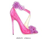 Jimmy Choo Pink Watercolor Fashion Illustration, Shoe Wall Art, Teen Bedroom Pink Purple Fashion Wall Art, Fashion Sketch, Girls Room Decor