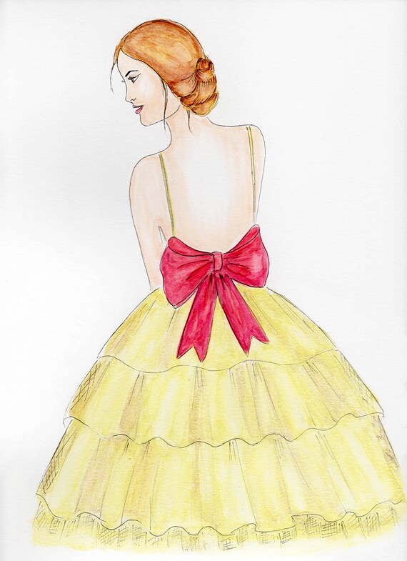 Girl In Gold Dress Fashion Illustration Print Gold And Pink Watercolor Low Back Dress Girls Room Decor By Zoia