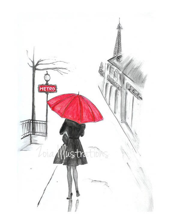 Paris Deszcz Ilustracja Mody Czerwony Parasol Dziewczyna Paris Dziewczyna Sypialnia Ilustracja Paryż