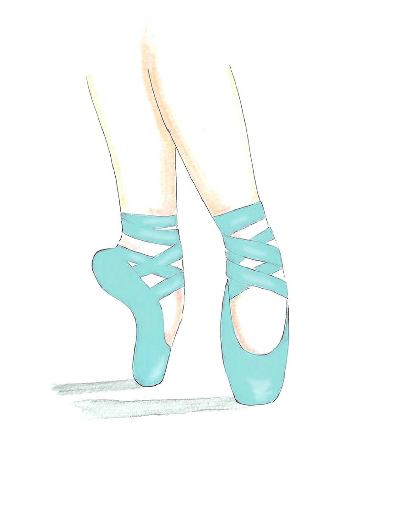 watercolor ballet pointe toe teal shoes illustration, ballerina slippers girl teal bedroom print, tween wall art